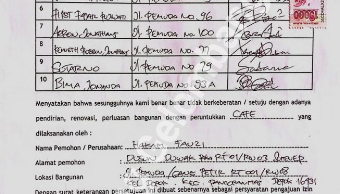 Belum Selesai Dugaan Aliran Rp.70 juta, Pengurus Izin Koaf Kafe kini Diduga Palsukan Tandatangan Warga
